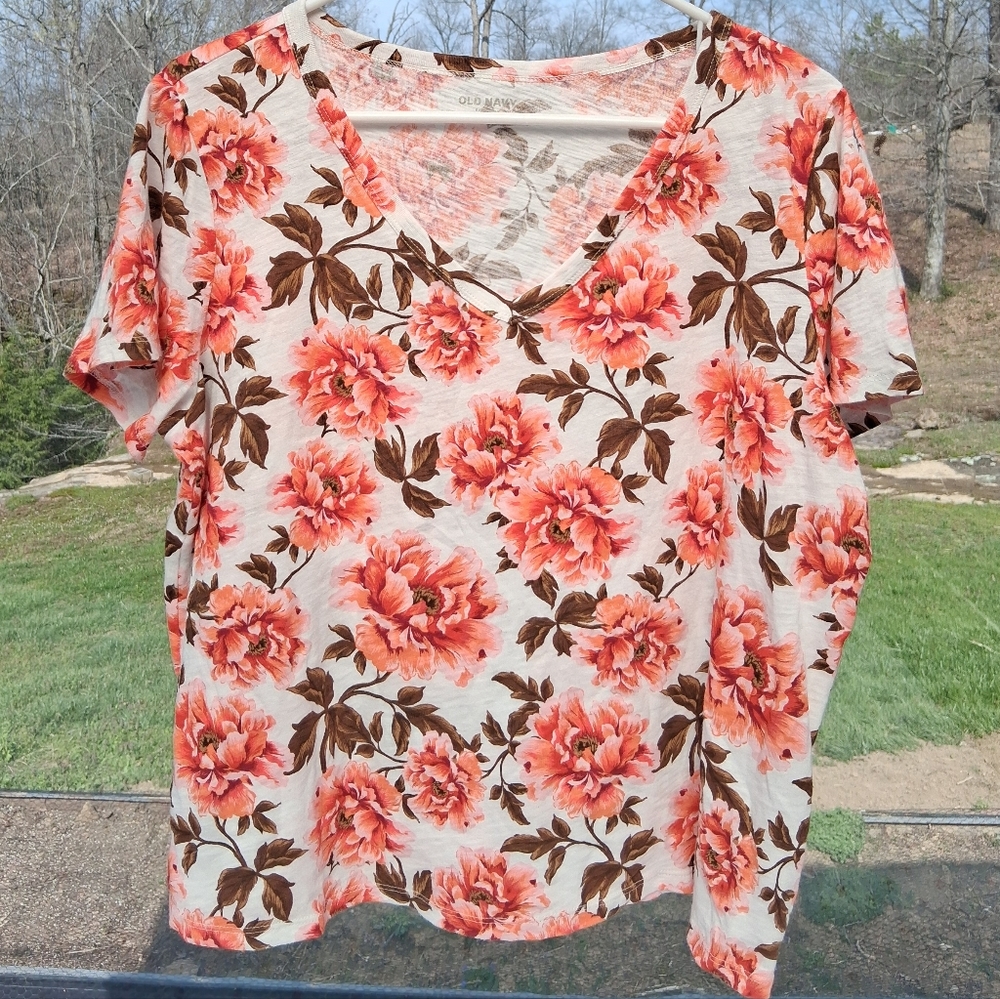 Old Navy Lightweight 100% Cotton Coral Floral V-Neck Short Sleeve Top Size Large